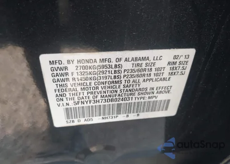 2013 Honda Pilot Ex-L из США, поврежденный, VIN 5FNYF3H73DB024031